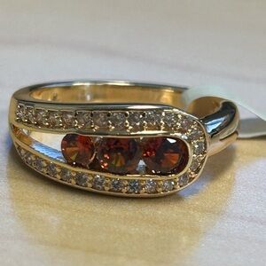 18K Gold Filled Amber CZ Bypass Ring | Clear CZ Accents | Size 6 | NWOT